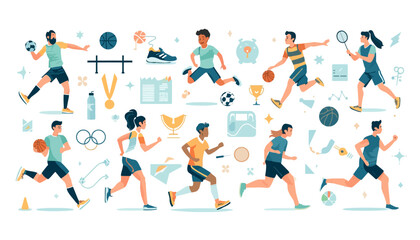 Fototapeta premium Athletes participating in track and field events with medals and training gear illustrations.