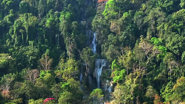 Aerial view of a Beautiful Kuang Si Waterfall in Luang Prabang, Laos. Top View Drone Shot of Lush Jungle in Lao.