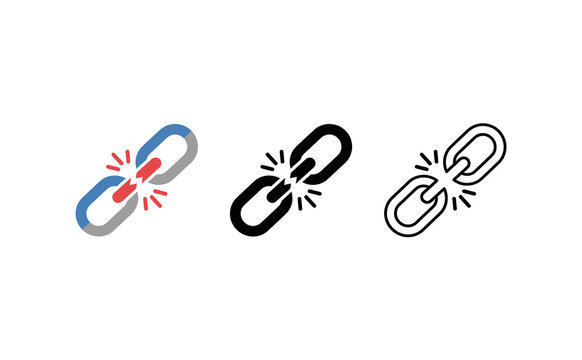 Minimalist broken link icons in three distinct graphic styles on white background