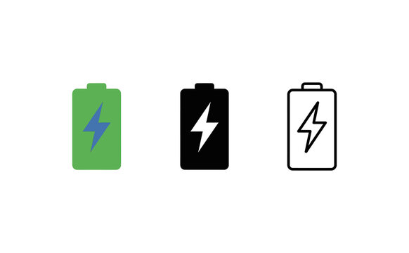 Minimalist battery icons featuring green black and outline styles with lightning bolt symbols