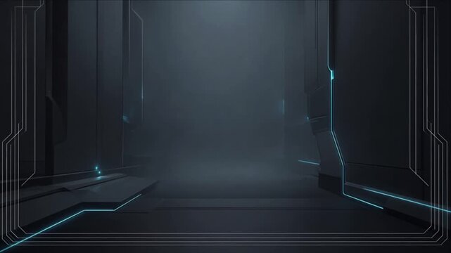 Cinematic futuristic technology background, dark corridor architecture with glowing blue digital circuit lines, mysterious metallic geometry, immersive science fiction atmosphere for interface design