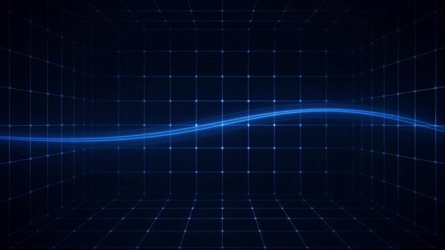 Futuristic technology background, glowing blue wave flowing across abstract digital grid, cinematic luminous perspective with sleek motion and depth for modern innovation design visual, dark space