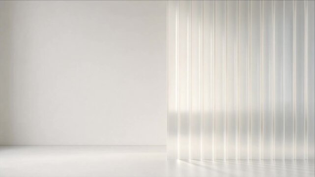 Cinematic futuristic technology background with minimalist white room interior, vertical glass panels, soft light, reflective floor, spacious architecture, elegant abstract design, and modern copy