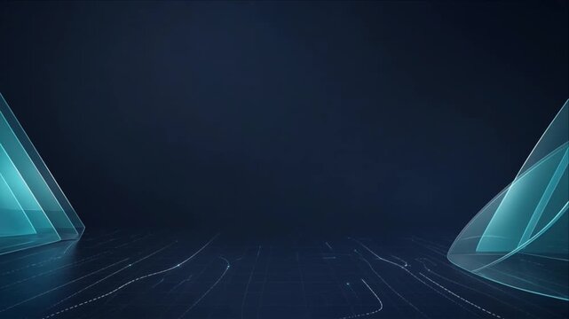 Cinematic futuristic technology background with glowing blue geometric structure, digital grid, circuit lines, translucent panels, perspective forms and dark sleek space for modern design backdrop