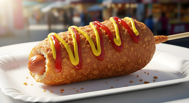 Golden fried corn dog with ketchup and mustard isolated on transparent background for design