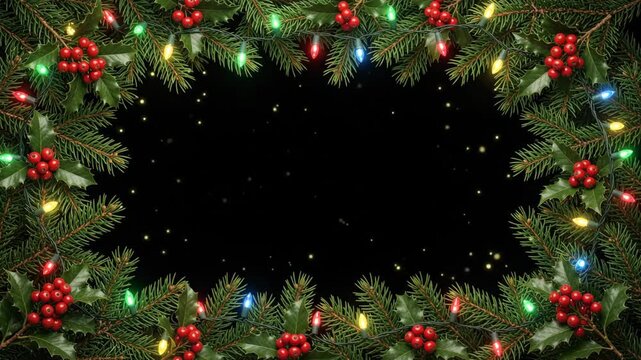 Christmas festive frame with fir branches, holly berries, and colorful lights on a dark background, perfect for holiday greetings and designs.