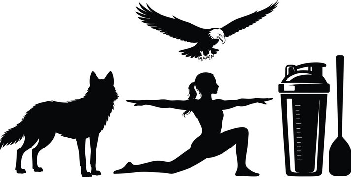 Black Silhouette Collection of Eagle, Wolf, Yoga Woman, Trash Bin and Paddle Icons on White Background