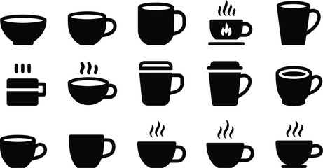 Obraz premium Coffee Cup and Mug Silhouette Icon Collection with Hot Steam for Cafe Beverage Menu and Modern Graphic Design