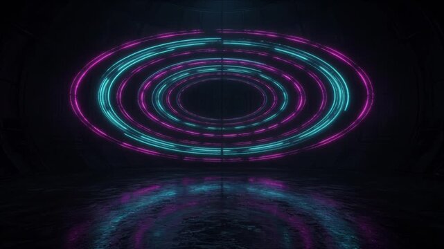 Cinematic Futuristic Technology Background with Glowing Neon Energy Ring, Cyan Magenta Light Reflection Across Dark Reflective Surface, Mysterious Chamber Atmosphere, Abstract Digital Scene
