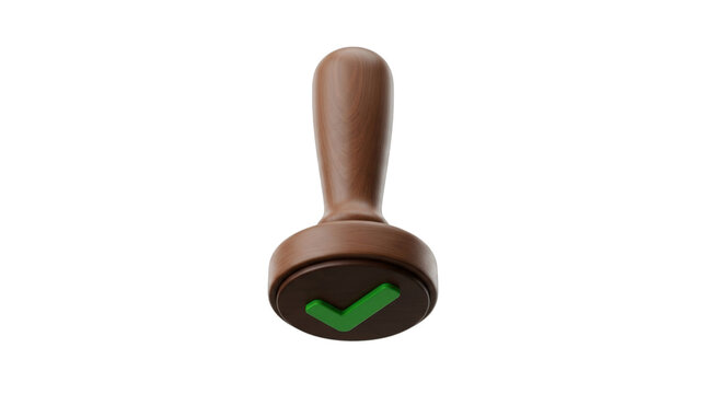Wooden Stamp with Green Check Mark Symbol for Approval and Confirmation.