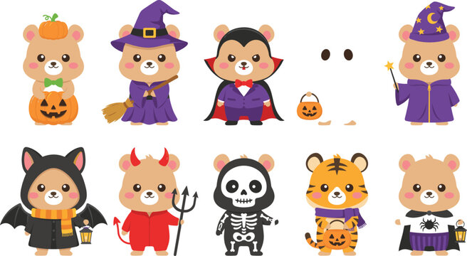 Cute Halloween Teddy Bear Character Vector Set with Adorable Animals in Pumpkin, Witch, Vampire, Ghost, Bat, Devil, Skeleton, Tiger, and Wizard Costumes for Kids Festive Holiday Designs