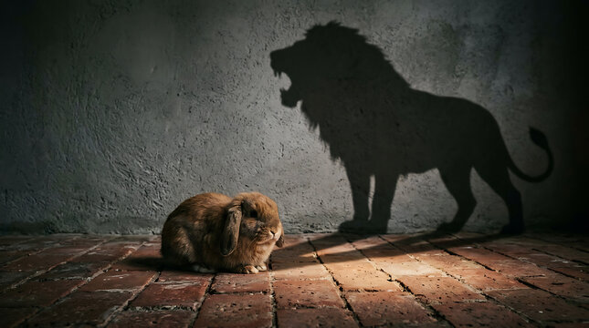 Small rabbit casting a powerful lion shadow representing inner strength and courage concept