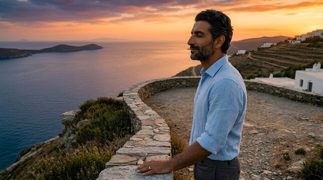 Hombre maduro contemplando el mar y el atardecer en una isla griega con arquitectura mediterr&aacute;nea