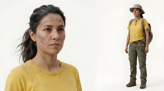 Mujer aventurera o superviviente con ropa de senderismo y la cara sucia sobre fondo blanco