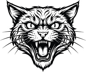 Aggressive roaring wild cat head tattoo design vintage angry bobcat or stray cat vector line art illustration © MDSOHEL