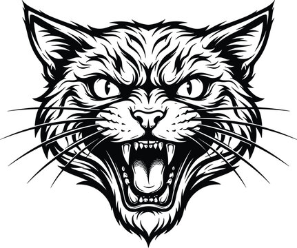 Aggressive roaring wild cat head tattoo design vintage angry bobcat or stray cat vector line art illustration