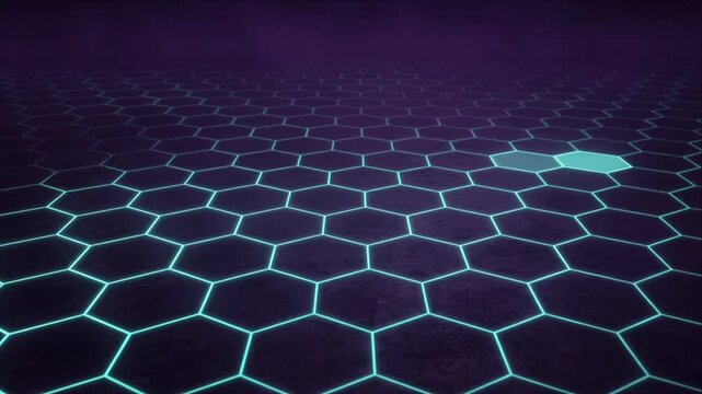 Cinematic Futuristic Technology Background, Glowing Cyan Purple Hexagon Grid, Central Illuminated Cell, Digital Landscape, Dramatic Perspective, Dark Cinematic Atmosphere