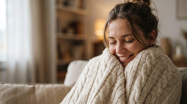 Cozy smiling woman wrapped in a warm cable knit blanket relaxing at home beside a bright window with copy space