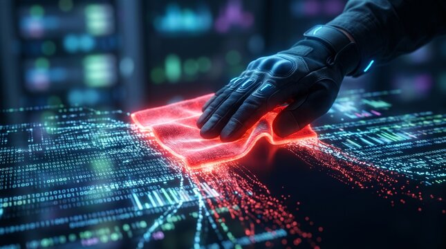Futuristic gloved hand cleaning red malware from digital data streams, symbolizing cybersecurity and protection