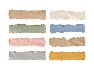 Fototapeta premium Pastel Torn Paper Strips in Beige Blue Pink Green and Yellow isolated transparent background
