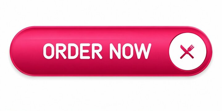 Bright pink order now button with food icon for website or app