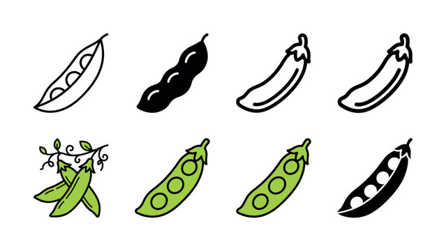 Set of pea pod vector icons illustrating organic vegetables in various artistic styles