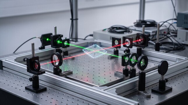 Photonics lab breadboard setup with red and green laser beams projecting a holographic microchip.