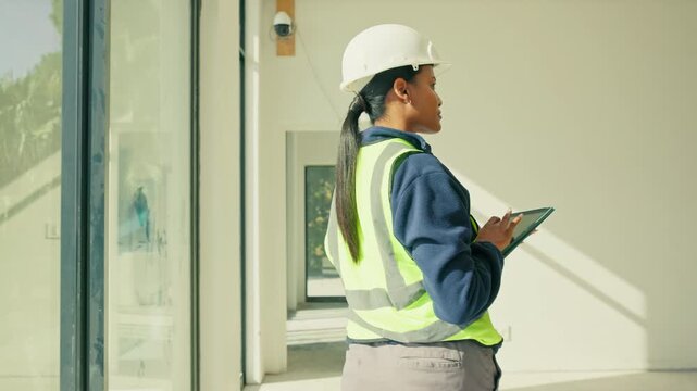 Construction, woman and tablet for property inspection, safety or reporting for project closeout. Tech, QA inspector and building walk through for quality standards, log punch list and mep finishing