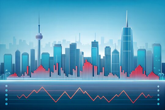 Stock market data fluctuating against city background