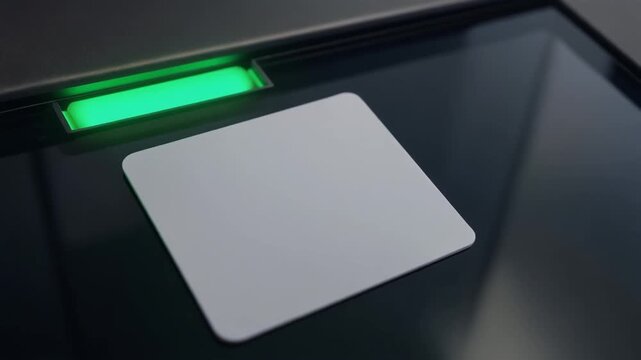 Close-up of a blank white card being presented to a glowing green scanner slot on a modern ATM machine interface