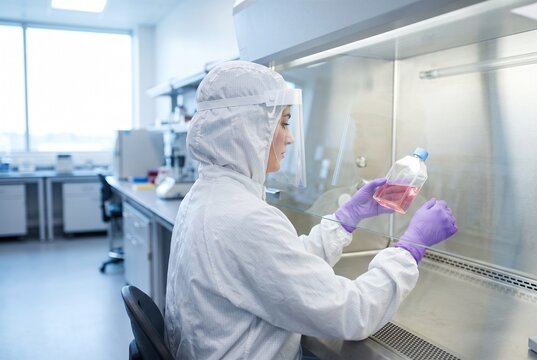 Biopharmaceutical scientist formulating cell culture medium in sterile laminar flow cabinet for pharma report