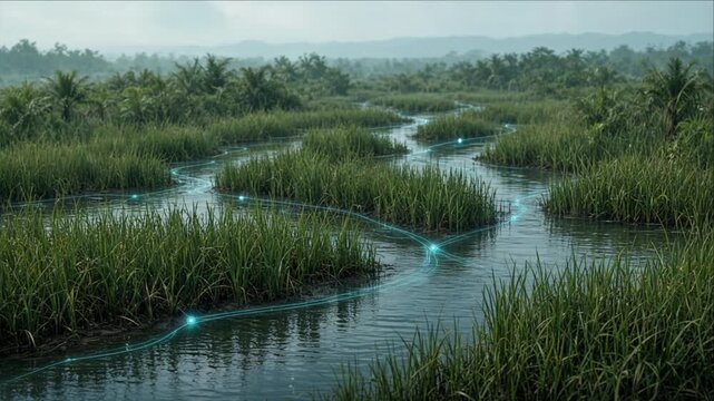 Cinematic futuristic technology background glowing river wetland landscape with blue data streams winding through reed grass, tropical palm vegetation, tranquil waterway and distant misty mountains