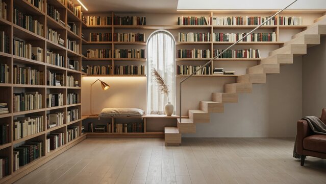 Bookshelves, Expansive Library Interior with Window and Staircase. Cozy Reading Nook, Warm Lighting