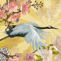 Fototapeta premium Japanese crane bird, sakura aesthetic illustration