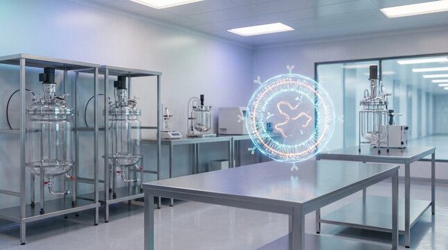 Holographic mRNA lipid nanoparticle model floating over bench in clean pharmaceutical laboratory with glass bioreactors