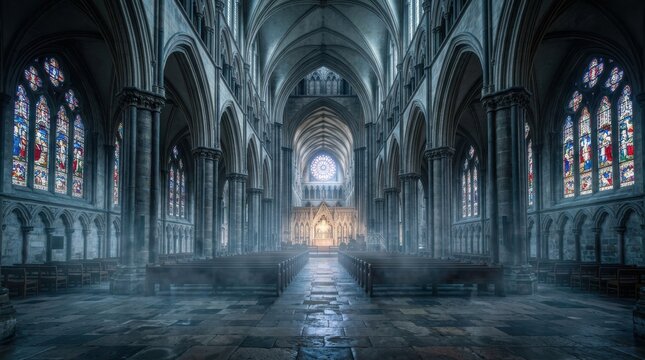 Gothic Cathedral Interior: An awe-inspiring view of a grand Gothic cathedral's interior, with tall arches, stained glass windows, and a luminous altar, evoking a sense of sacredness and solemnity.