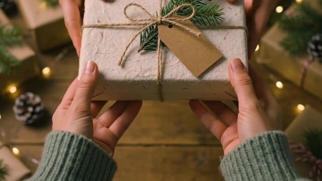 Two people holding a rustic christmas gift wrapped in textured paper with a pine sprig and a blank gift tag, creating a warm and festive holiday atmosphere