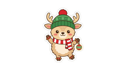 Naklejka premium Cute cartoon reindeer with winter hat and scarf holding ornament