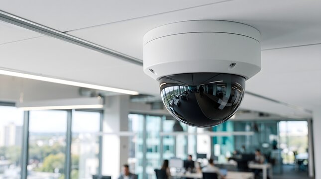 Security dome camera mounted on an office ceiling monitoring a modern workspace with blurred employees for corporate safety and surveillance protection concept.