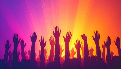 Naklejka premium Silhouettes of raised hands enjoying a music concert and festival.