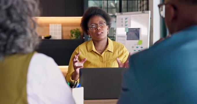 Business, woman and laptop for client meeting, campaign pitch or ideas for brand development. Talk, strategist or tech in office for advertising proposal, lead generation strategy or marketing funnel