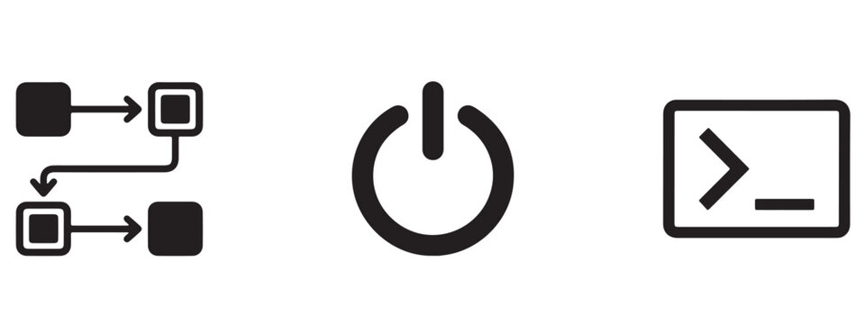 Set of simple black web and technology interface icons with power icon