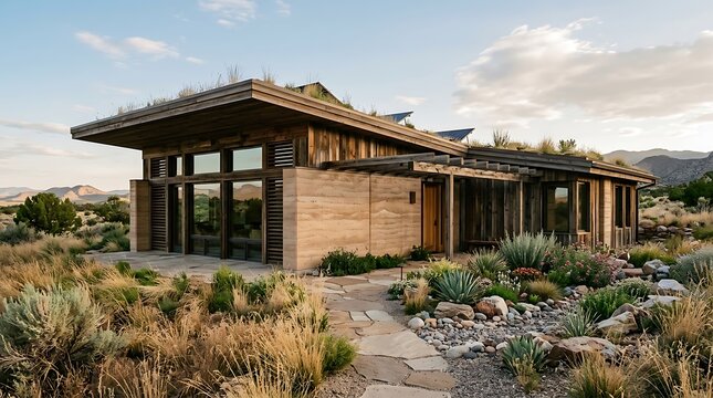 Modern sustainable eco house with green roof and solar panels in a desert landscape