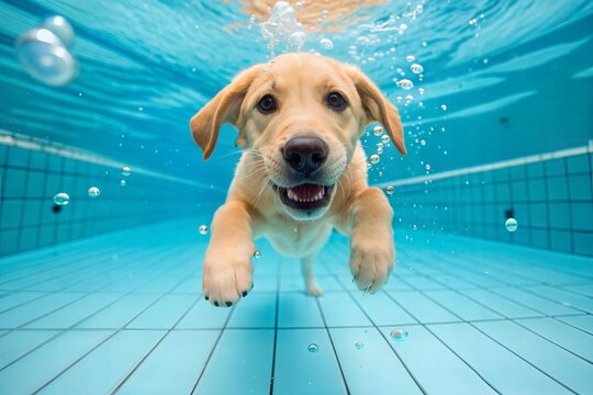 Underwater funny photo of golden labrador retriever puppy in swimming pool play with fun - jumping, diving deep down. Actions, training games with family pets and popular dog breeds on summer vacation