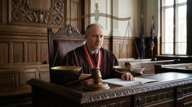 Serious Judge Presiding Over Courtroom with Gavel and Scales of Justice Overlay.