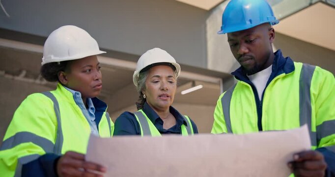 Architect, team or discussion with blueprint on construction site for building strategy or design. People, contractor or civil engineer with group or floor layout for architecture project or planning