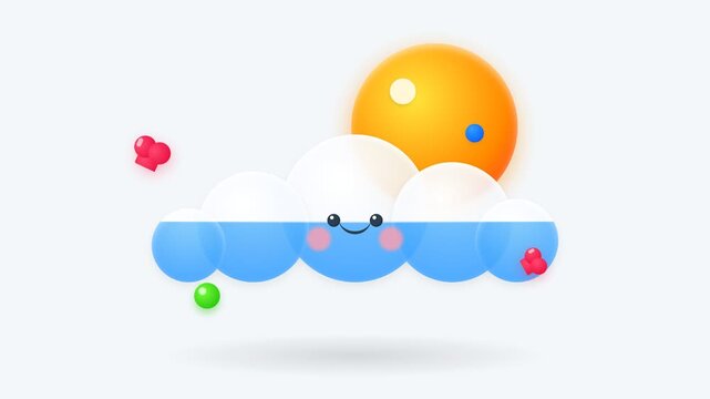 Cute cartoon cloud with smiling face and colorful balloons floating under bright sun