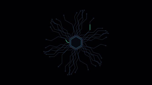 Futuristic glowing blue digital circuit board data flow in a hexagonal processor connection architecture for technology motion graphics 4K animation alpha chanel