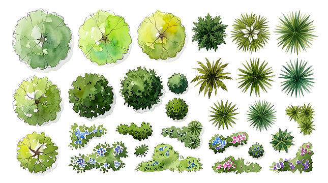 Watercolor top view trees and bushes collection vector isolated on transparent background, hand-drawn landscape architectural symbols with palm tops, green canopy, and flower beds for master plan desi