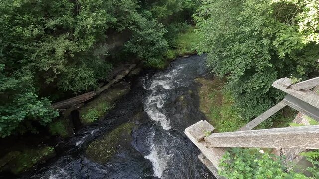 River North Esk flowing through woodland near Edinburgh, Midlothian, Scotland. Ambient water sound. 4K, 30fps.